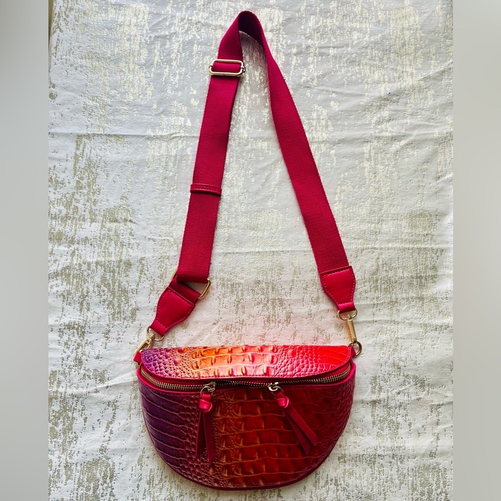 Vibrant Pink and Orange Faux Croc-Embossed Women's Bag Crossbody Shoulder